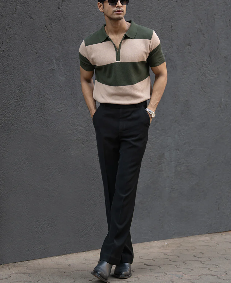 Olive & Beige Knit Stripe T-Shirt 100% Cotton - Image 6