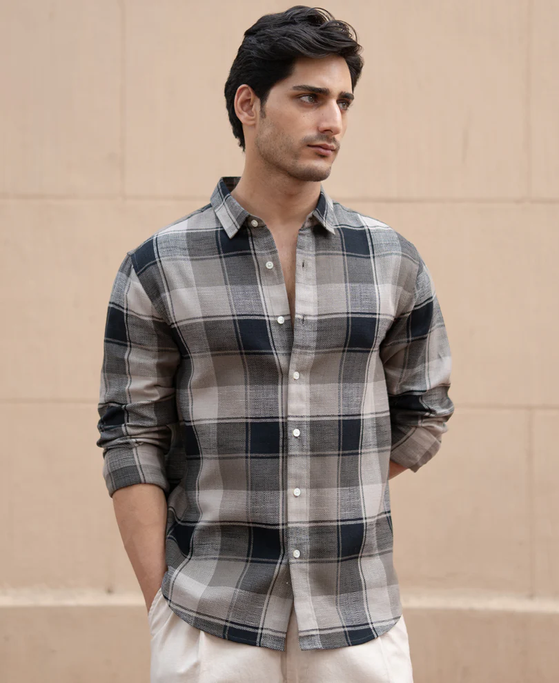 Olive & Black Structured Checks Shirt 100% Cotton - Image 2