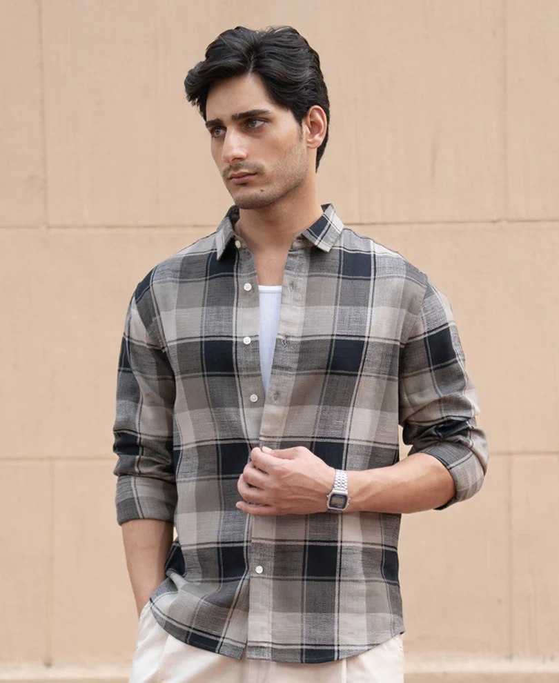 Olive & Black Structured Checks Shirt 100% Cotton - Image 3
