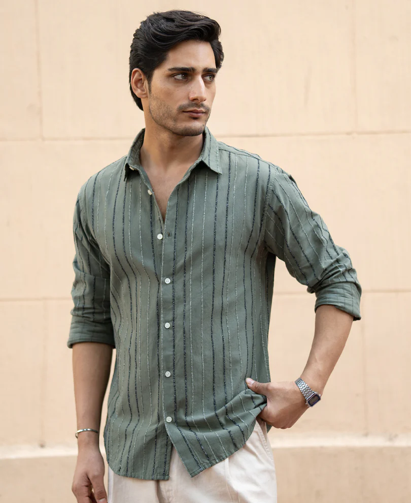 Olive Boucle Stripe Shirt 100% Cotton - Image 2