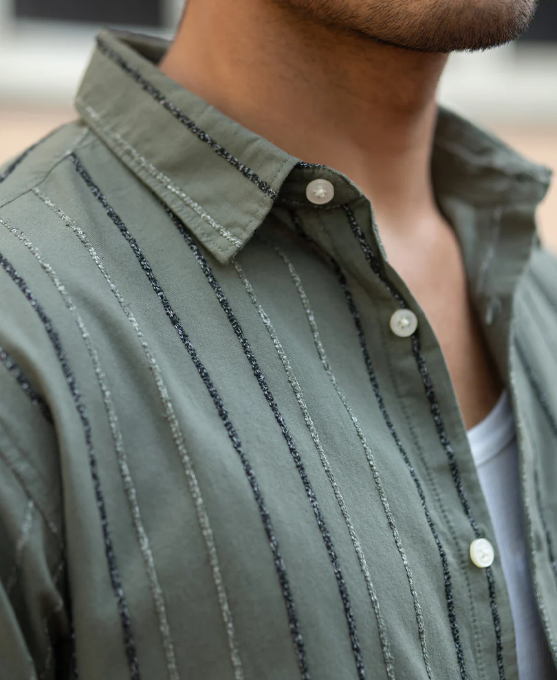 Olive Boucle Stripe Shirt 100% Cotton - Image 3