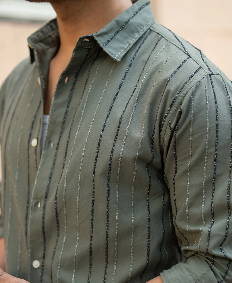 Olive Boucle Stripe Shirt 100% Cotton - Image 4