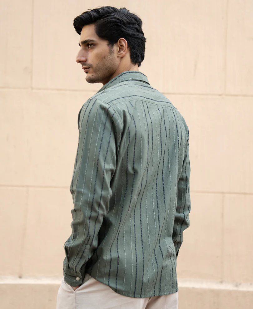 Olive Boucle Stripe Shirt 100% Cotton - Image 5