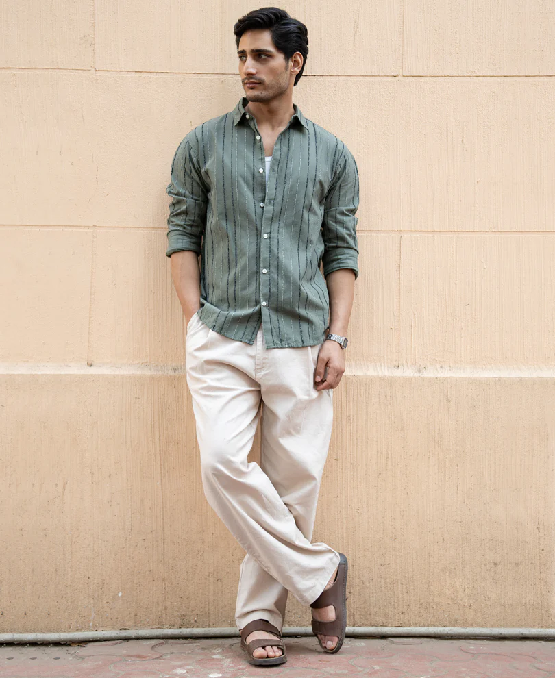 Olive Boucle Stripe Shirt 100% Cotton - Image 6