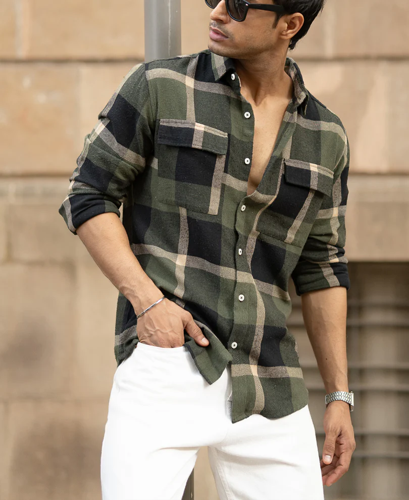 Olive Brushed Checks Shirt 100% Cotton - Image 3
