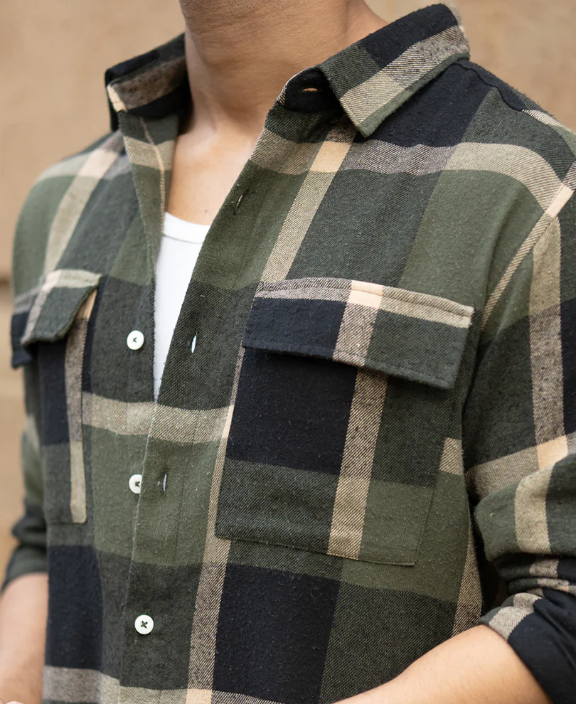 Olive Brushed Checks Shirt 100% Cotton - Image 4