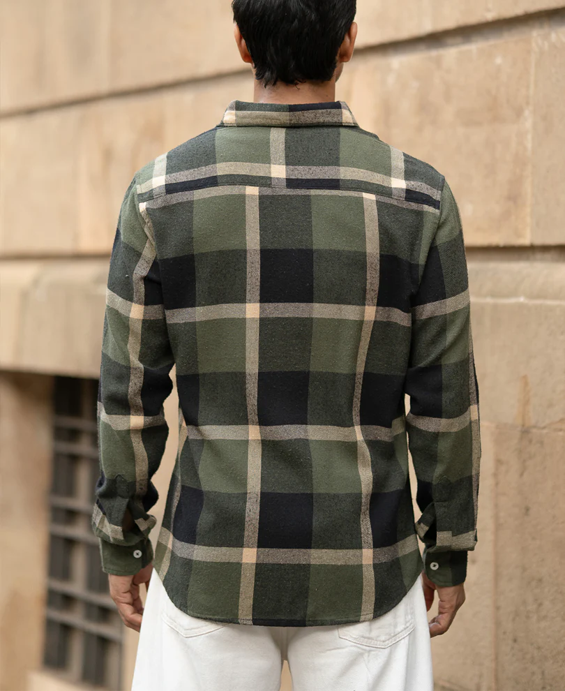 Olive Brushed Checks Shirt 100% Cotton - Image 5