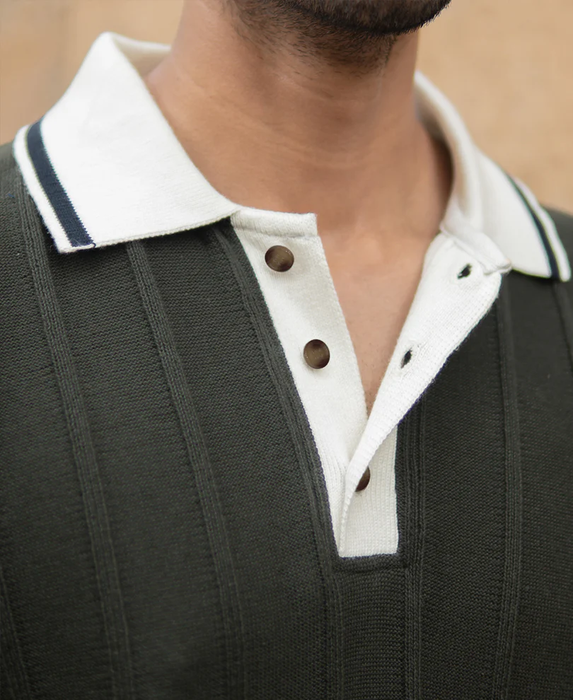 Olive Contrast Collar Knit T-Shirt 100% Cotton - Image 3