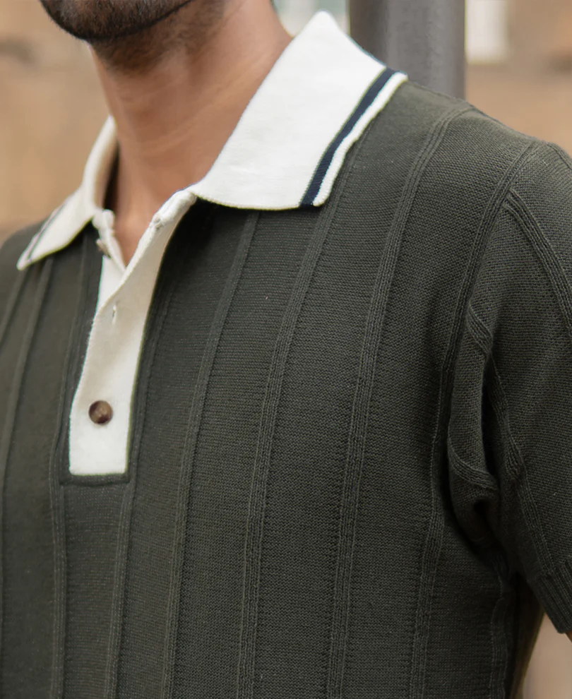 Olive Contrast Collar Knit T-Shirt 100% Cotton - Image 4