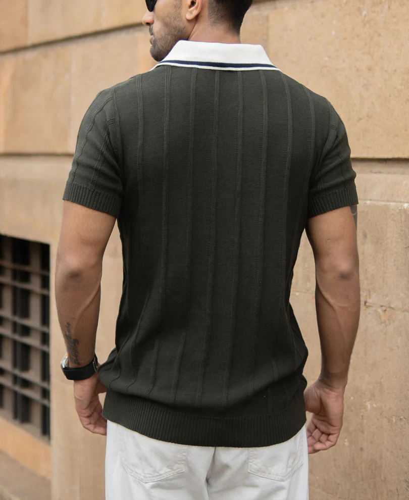 Olive Contrast Collar Knit T-Shirt 100% Cotton - Image 5