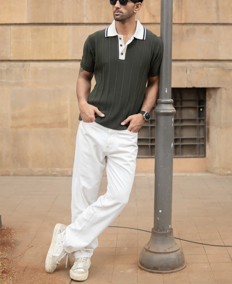 Olive Contrast Collar Knit T-Shirt 100% Cotton - Image 6