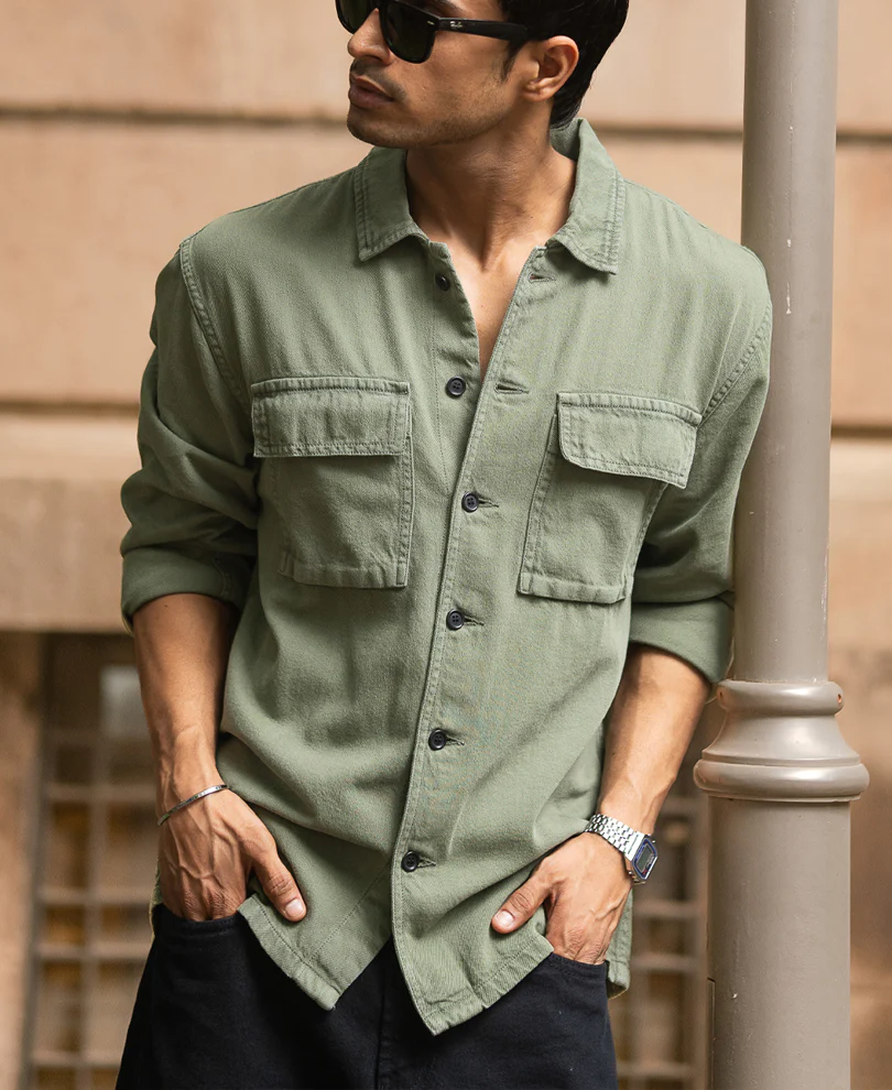Olive Denim Overshirt 100% Cotton - Image 3
