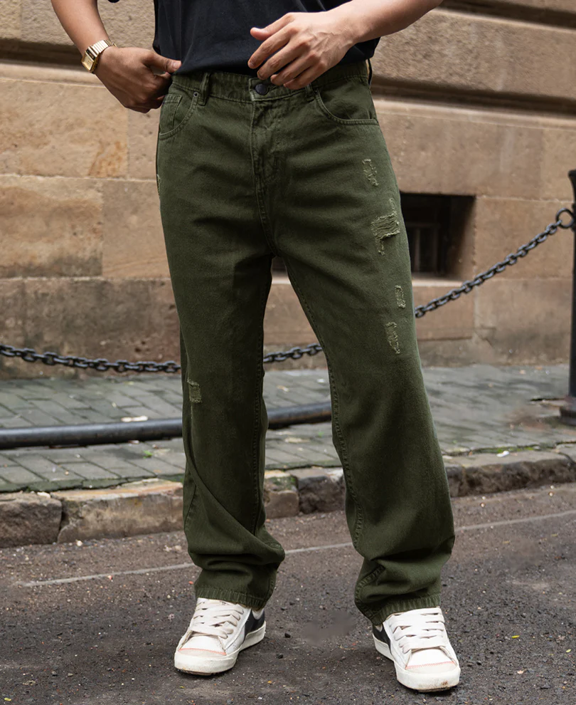 Olive Distress Baggy Jeans 100% Cotton - Image 2