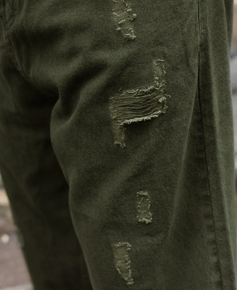 Olive Distress Baggy Jeans 100% Cotton - Image 3