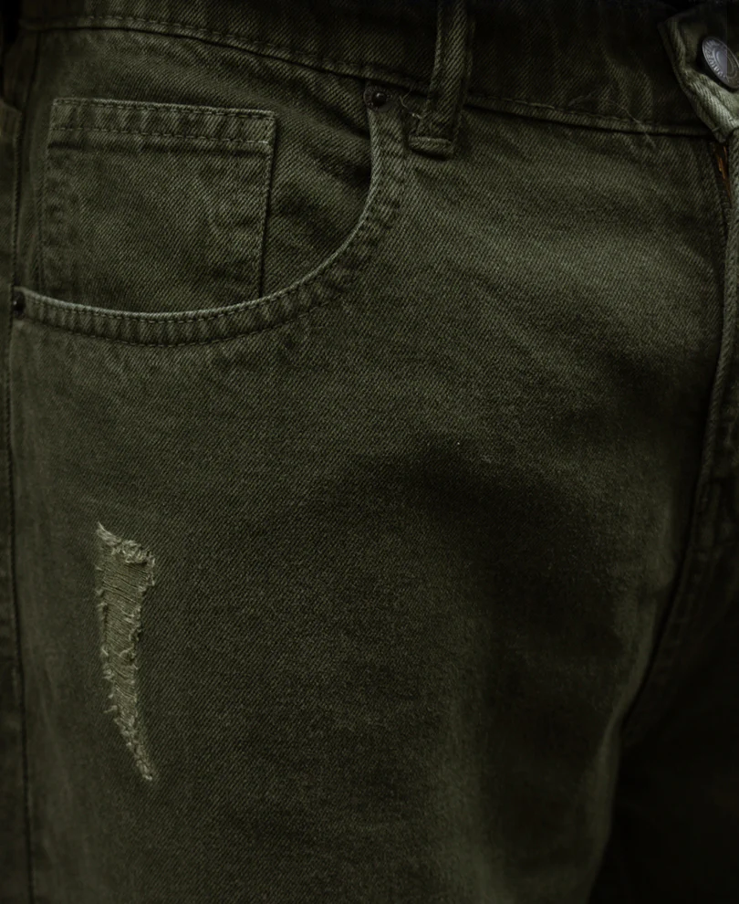 Olive Distress Baggy Jeans 100% Cotton - Image 5