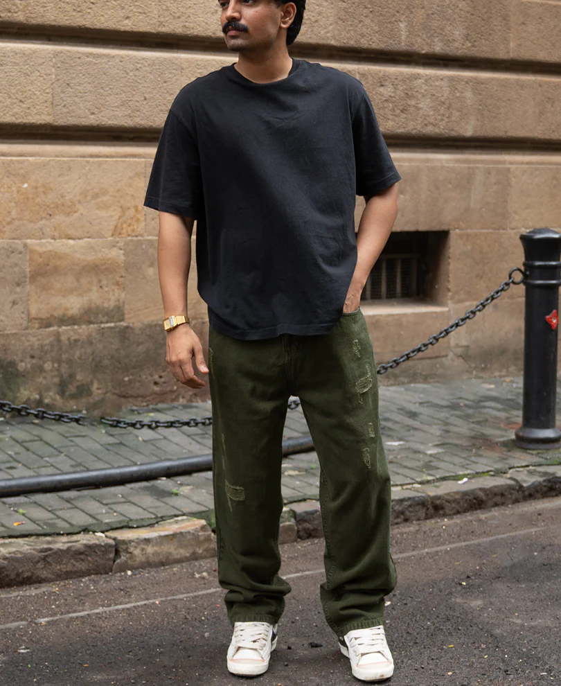 Olive Distress Baggy Jeans 100% Cotton - Image 6