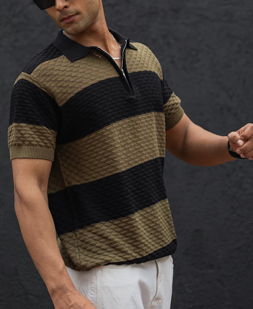 Olive Green and Black Structured Striped Regular Half Sleeves T Shirt 100% Cotton - Image 3
