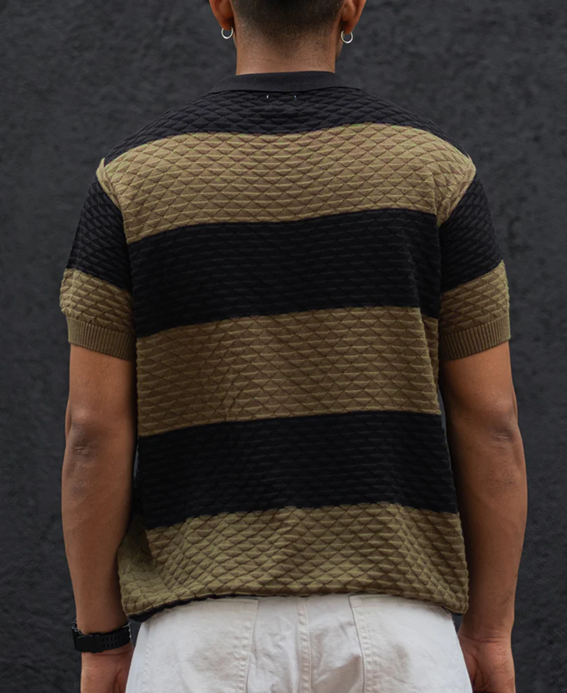 Olive Green and Black Structured Striped Regular Half Sleeves T Shirt 100% Cotton - Image 4