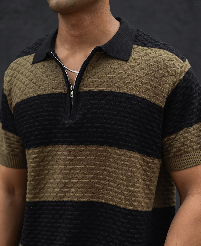 Olive Green and Black Structured Striped Regular Half Sleeves T Shirt 100% Cotton - Image 5