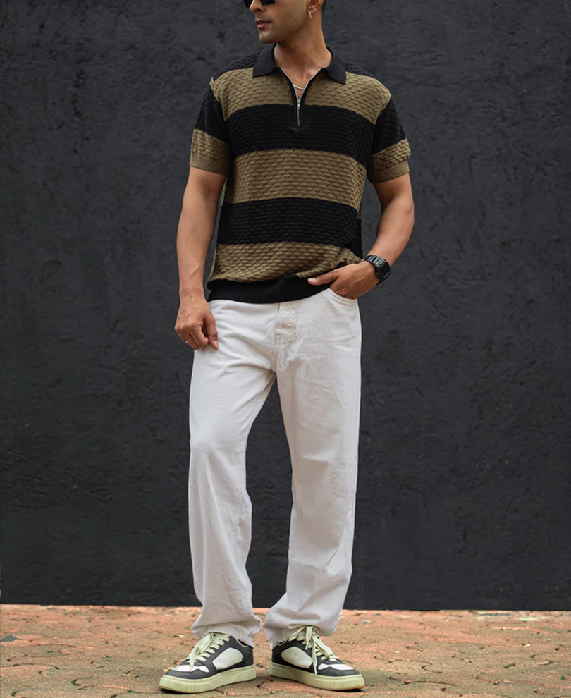 Olive Green and Black Structured Striped Regular Half Sleeves T Shirt 100% Cotton - Image 6