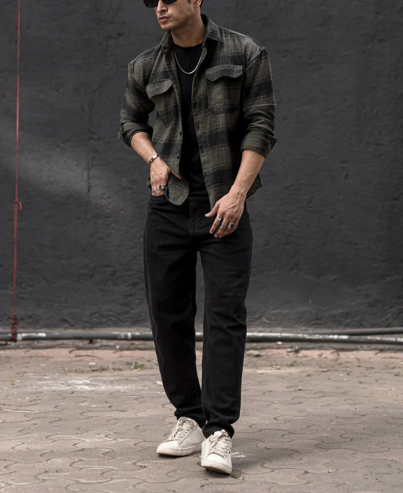 Olive Green Pocket Checked Oversize Drop Shoulder Shirt - Image 3