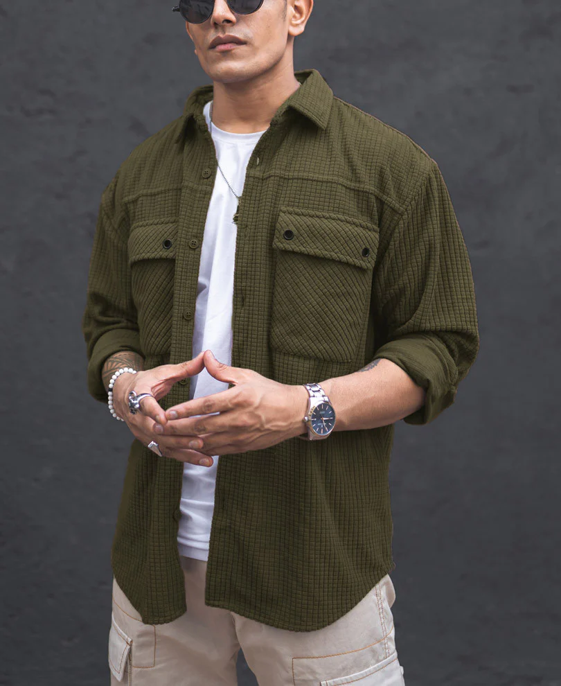 Olive Green Structured Knit Oversized Shirt - Image 3