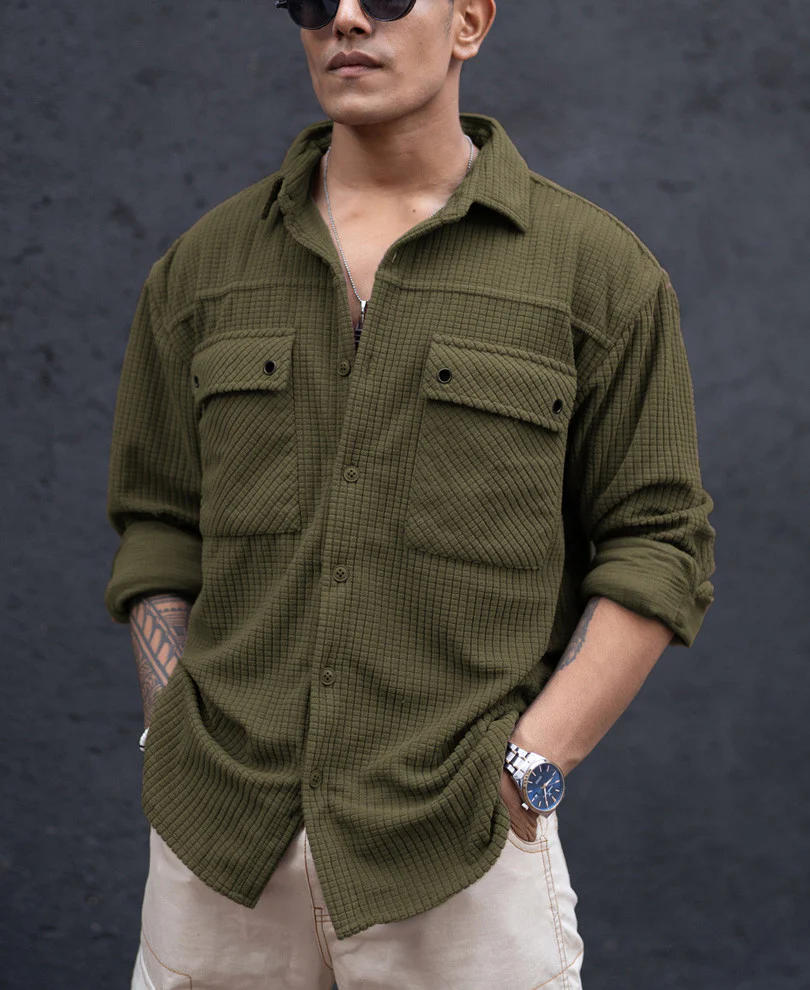 Olive Green Structured Knit Oversized Shirt - Image 4