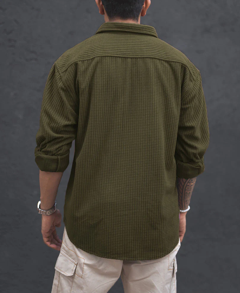 Olive Green Structured Knit Oversized Shirt - Image 5