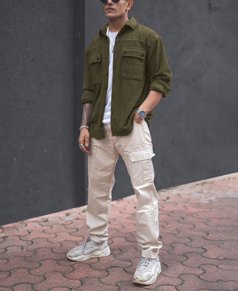 Olive Green Structured Knit Oversized Shirt - Image 7