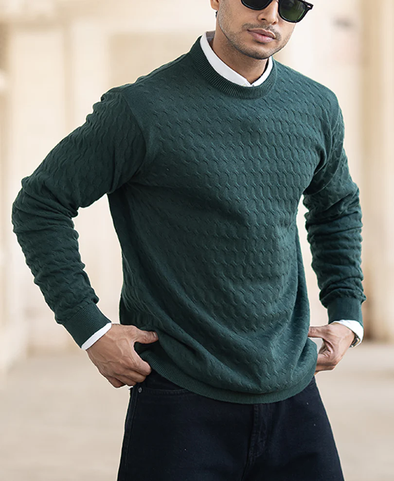 Olive Green Structured Regular Fit Full Sleeves T-Shirt 100% Cotton - Image 2