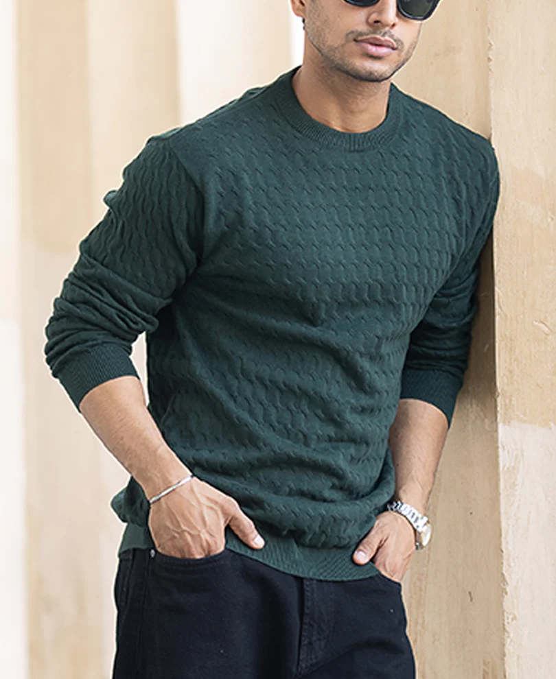 Olive Green Structured Regular Fit Full Sleeves T-Shirt 100% Cotton - Image 3