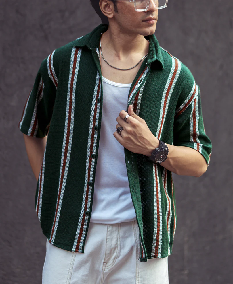 Olive Green Vertical Stripes Oversize Drop Shoulder Shirt - Image 2
