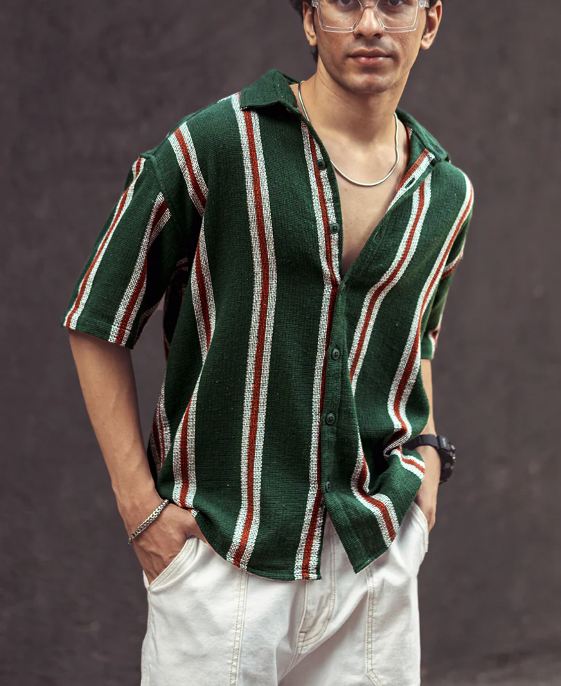 Olive Green Vertical Stripes Oversize Drop Shoulder Shirt - Image 3