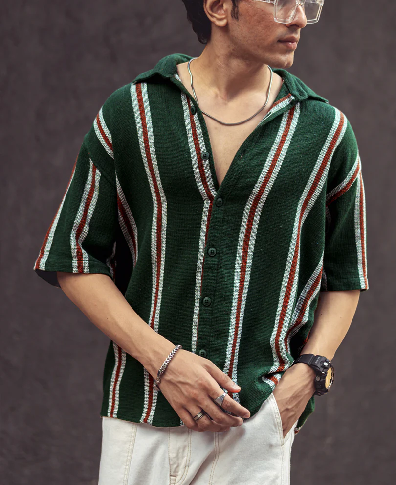 Olive Green Vertical Stripes Oversize Drop Shoulder Shirt - Image 4