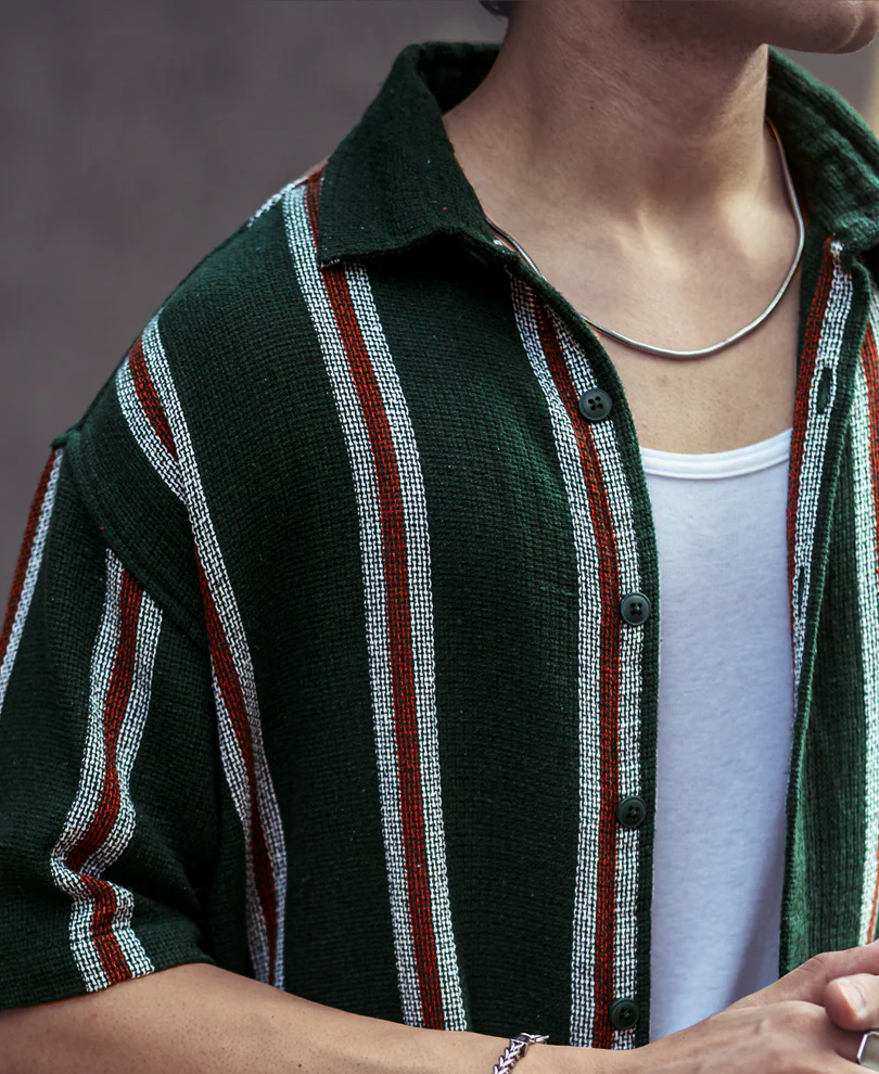 Olive Green Vertical Stripes Oversize Drop Shoulder Shirt - Image 5