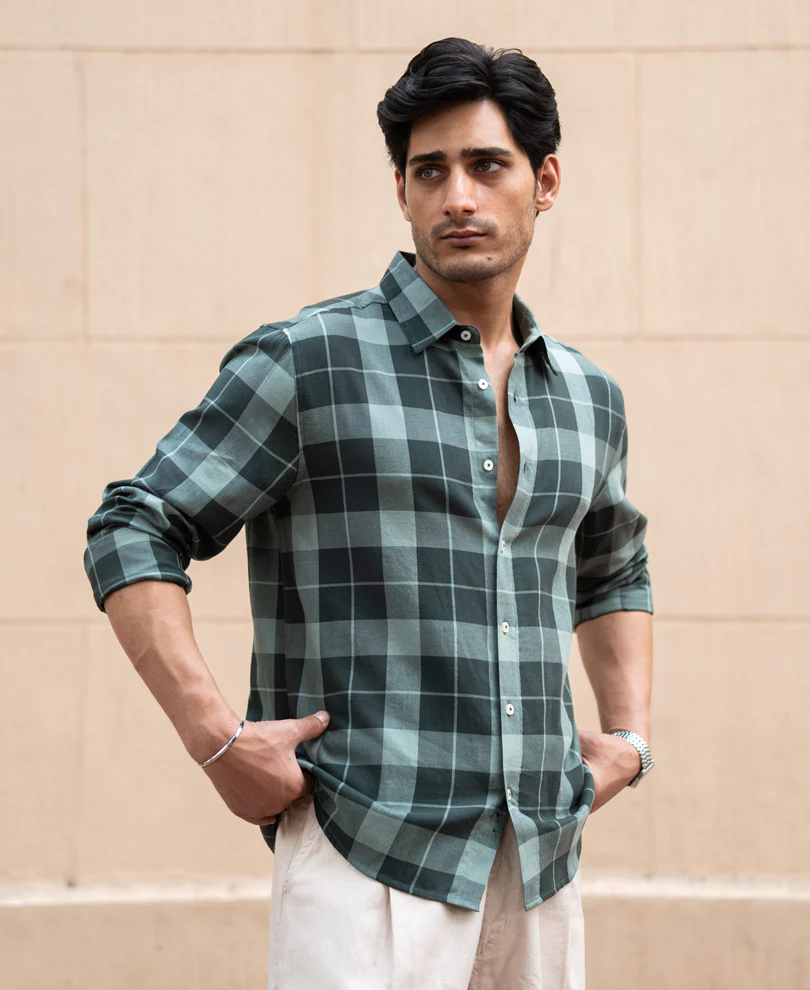 Olive Lightweight Checks Shirt 100% Cotton - Image 2