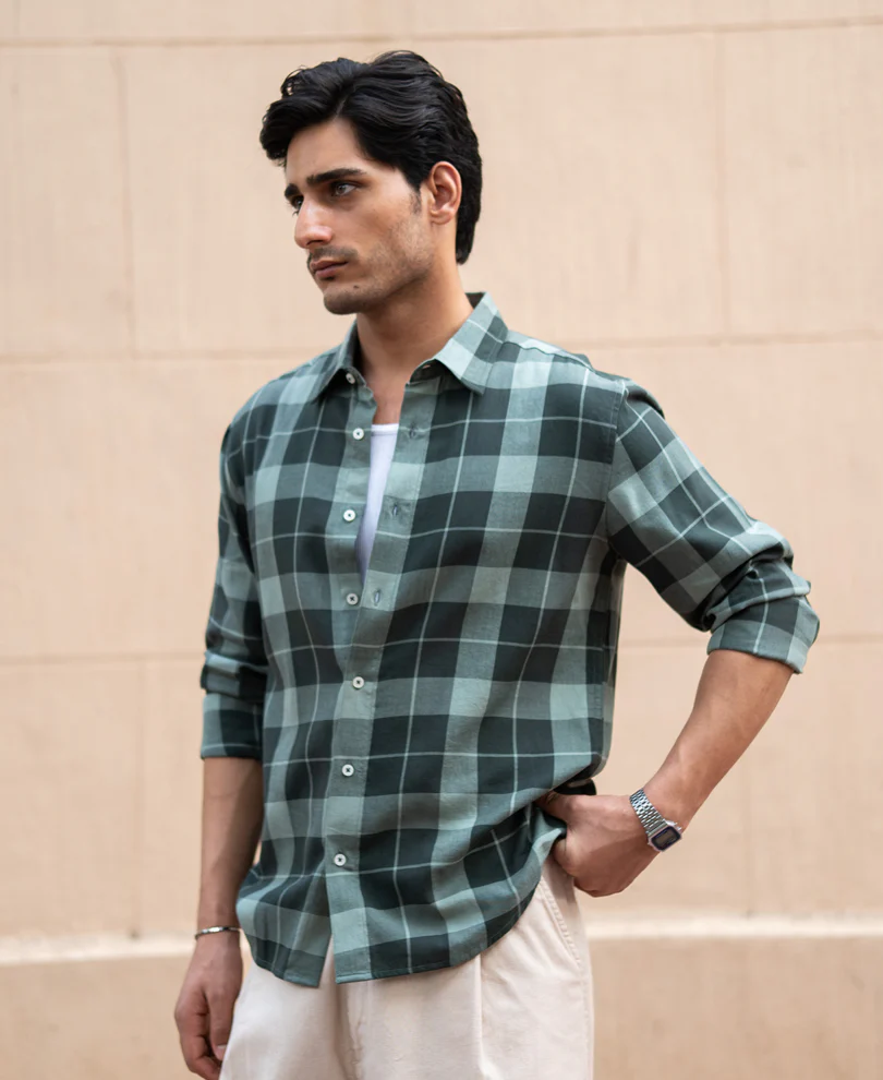 Olive Lightweight Checks Shirt 100% Cotton - Image 3