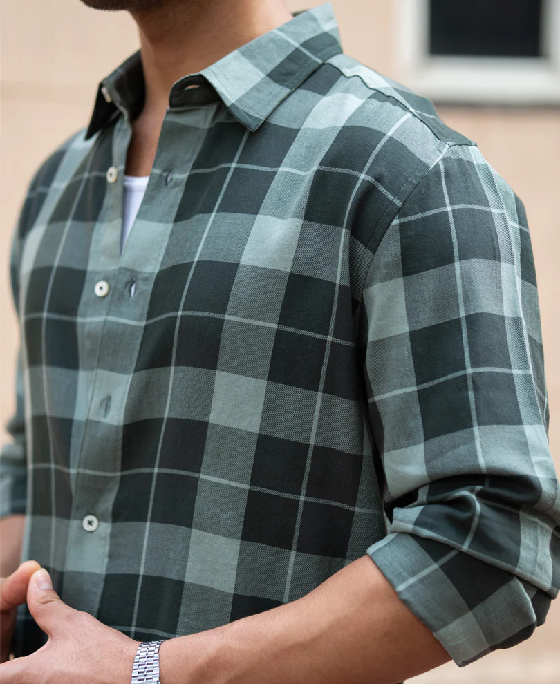 Olive Lightweight Checks Shirt 100% Cotton - Image 4