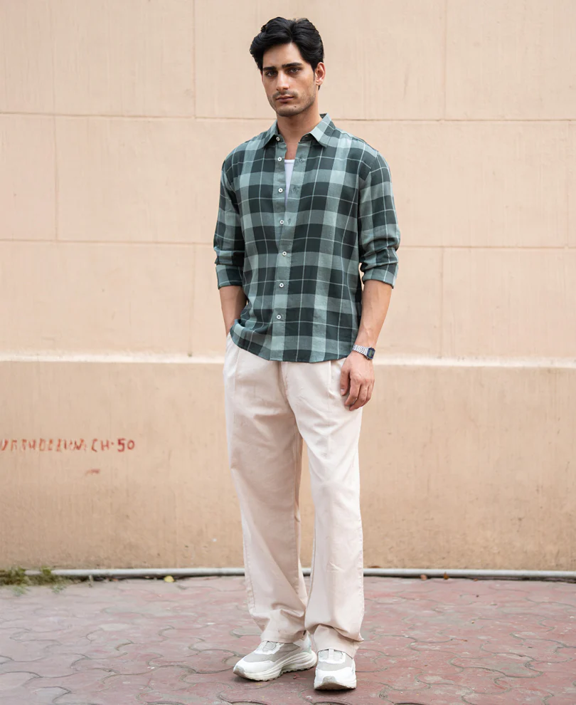 Olive Lightweight Checks Shirt 100% Cotton - Image 6