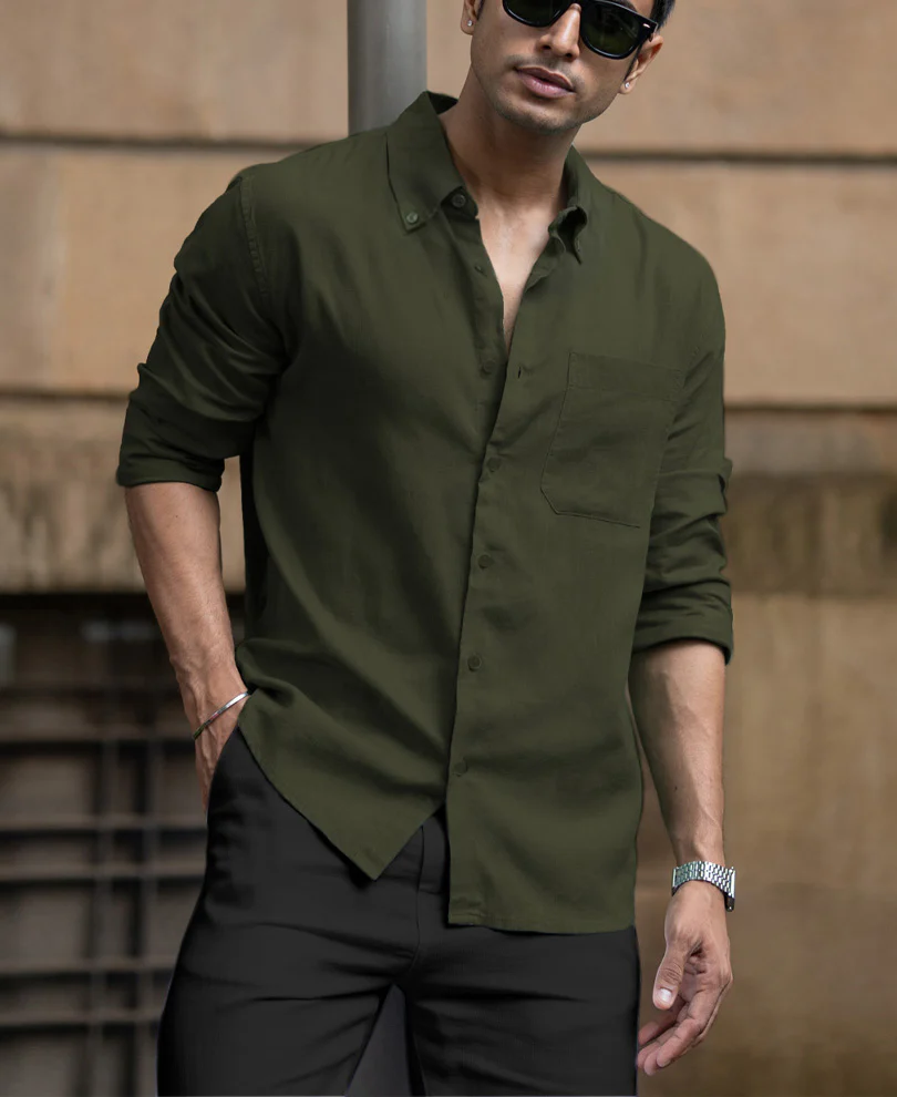 Olive Linen Blend Shirt - Image 2