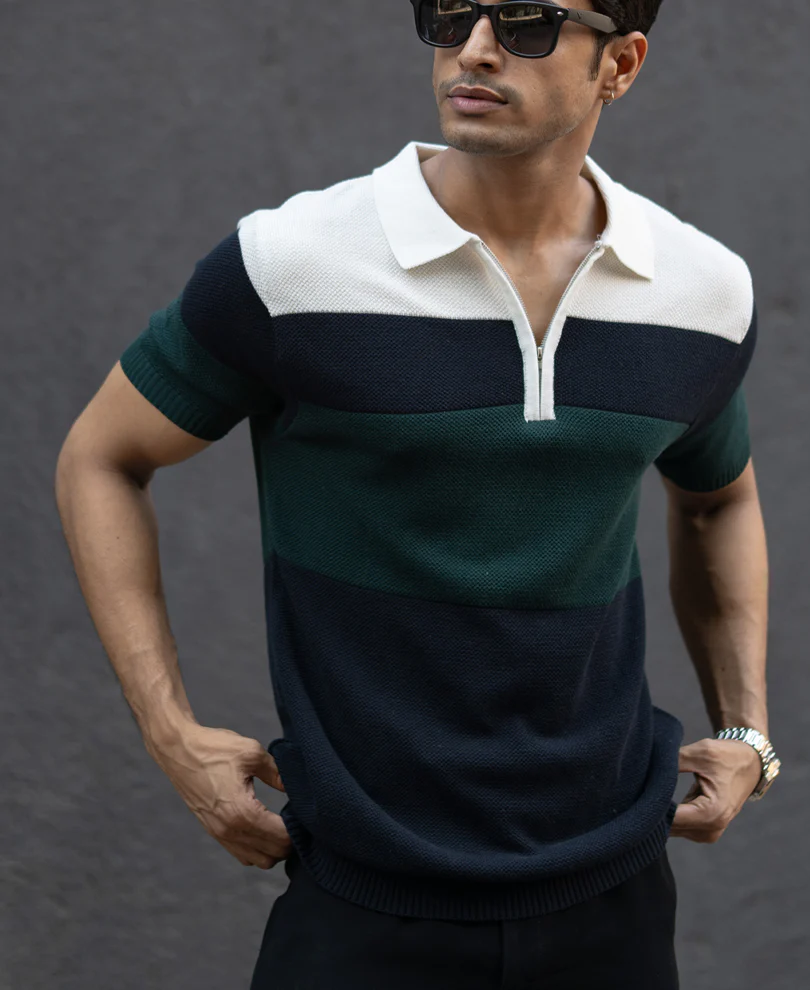 Olive & Navy Knit Stripe T-Shirt 100% Cotton - Image 3