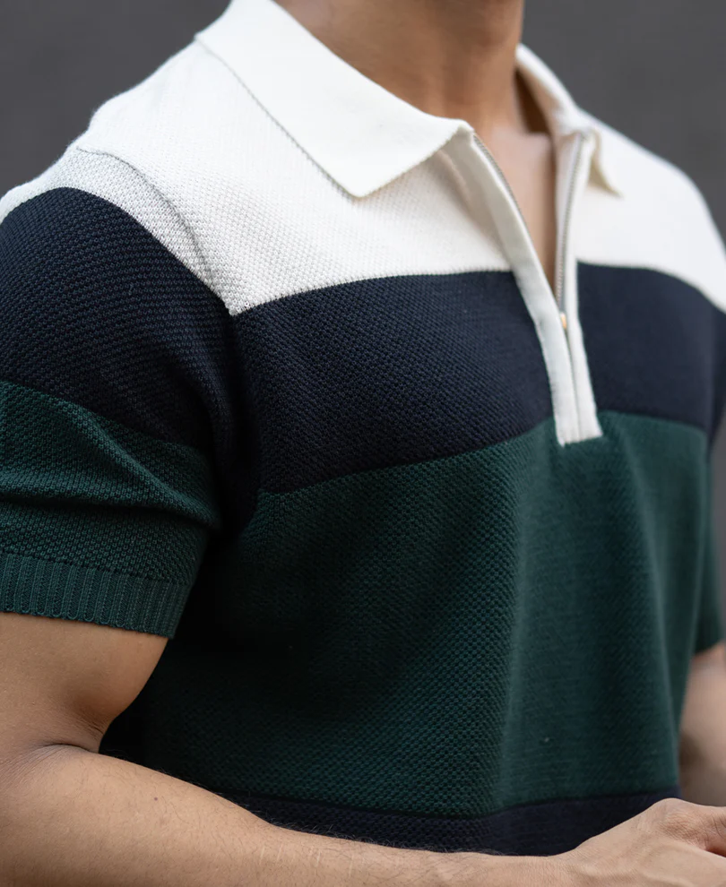Olive & Navy Knit Stripe T-Shirt 100% Cotton - Image 4