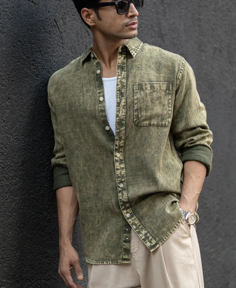 Olive Overdyed Lightweight Shirt 100% Cotton - Image 2