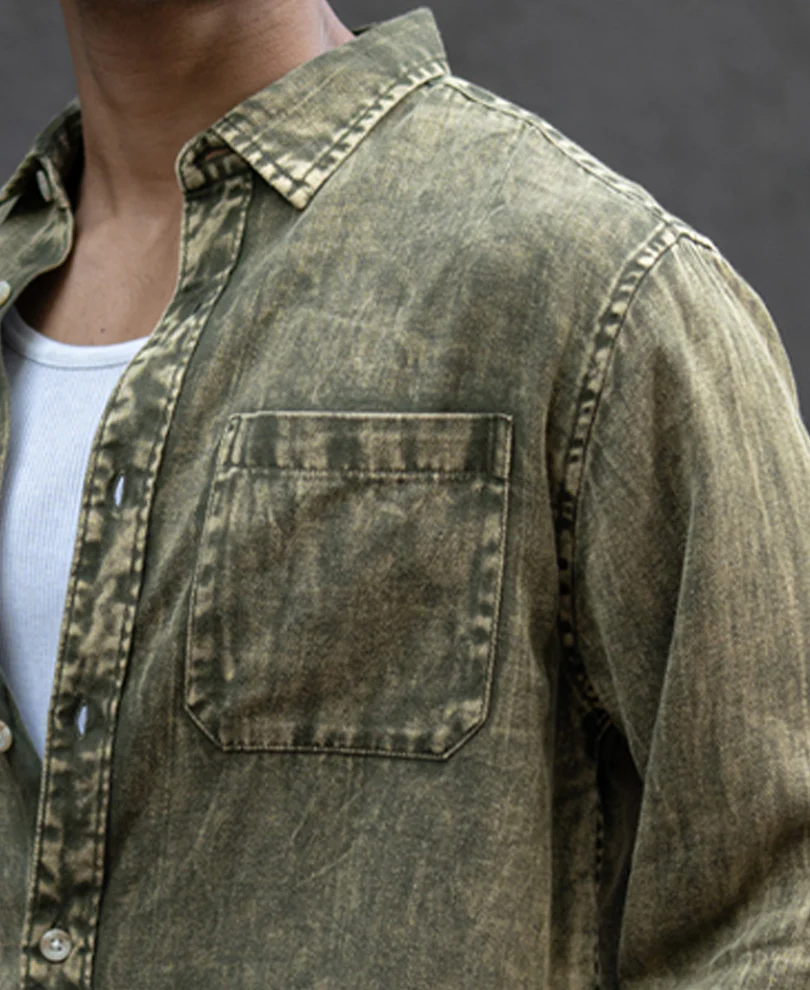 Olive Overdyed Lightweight Shirt 100% Cotton - Image 3