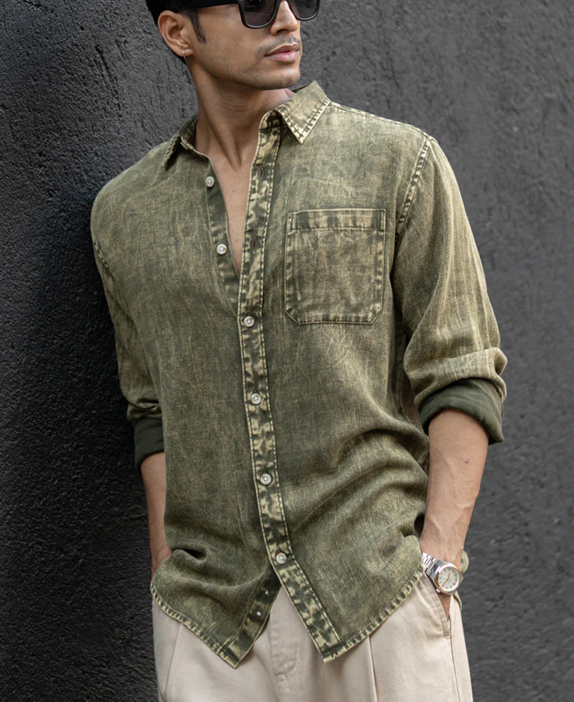 Olive Overdyed Lightweight Shirt 100% Cotton - Image 4