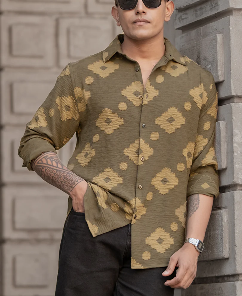 Olive Geometric Jacquard Shirt - Image 2