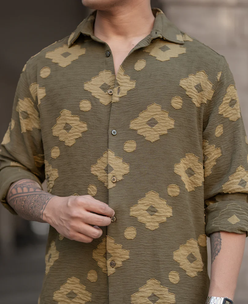Olive Geometric Jacquard Shirt - Image 4