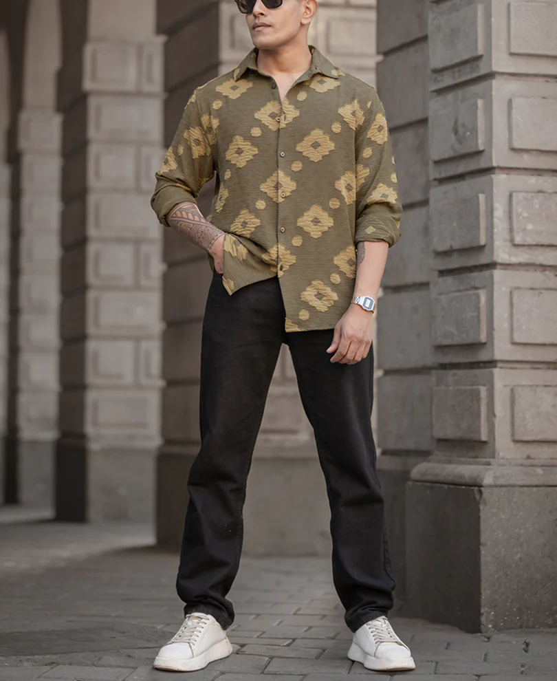 Olive Geometric Jacquard Shirt - Image 5