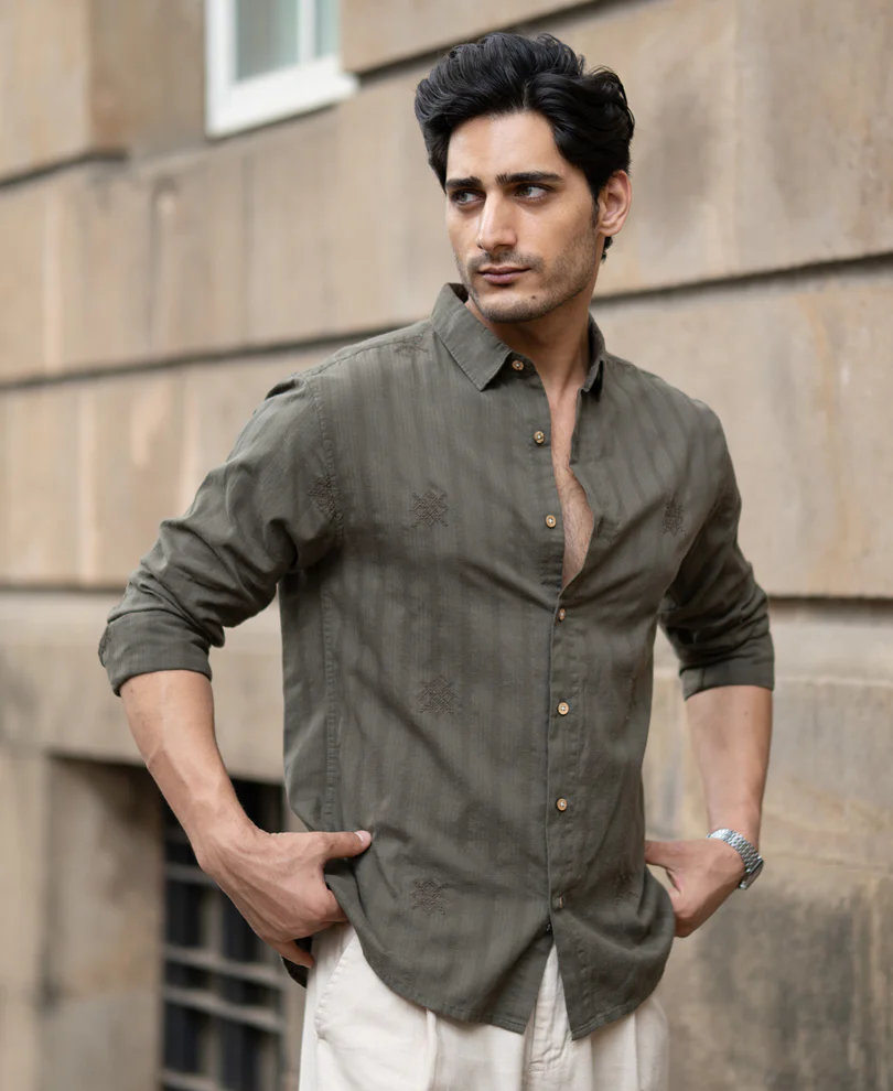 Olive Structure Embroidered Shirt 100% Cotton - Image 2