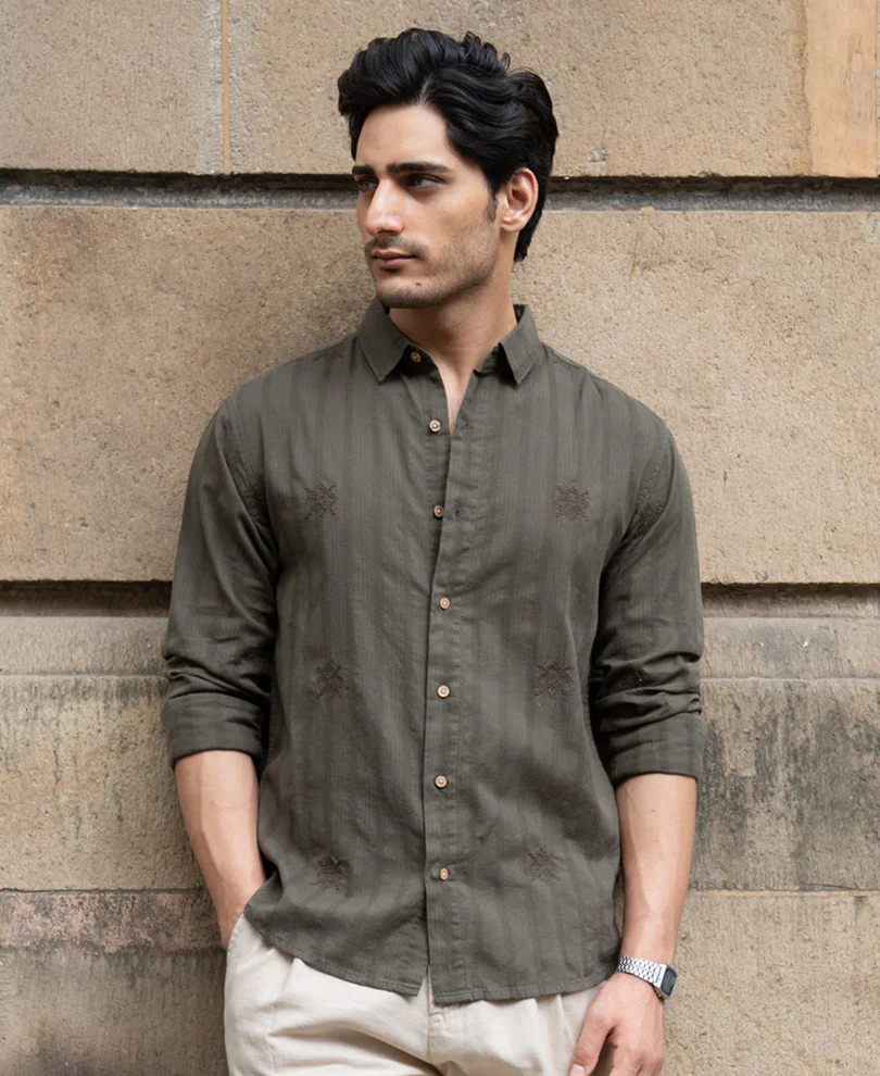 Olive Structure Embroidered Shirt 100% Cotton - Image 3